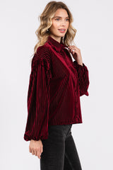 Burgundy Velvet Ribbed Collared Long Sleeve Blouse