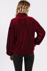 Burgundy Velvet Ribbed Collared Long Sleeve Blouse