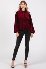 Burgundy Velvet Ribbed Collared Long Sleeve Blouse