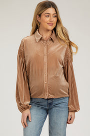 Beige Velvet Ribbed Collared Long Sleeve Maternity Blouse