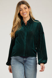 Forest Green Velvet Ribbed Collared Long Sleeve Maternity Blouse