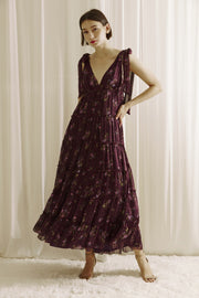 Plum Floral Tiered Shoulder Tie Maxi Dress