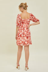 Peach Floral Square Neck Puff Short Sleeve Dress