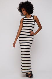 Black Cream Striped Sleeveless Knit Maxi Dress