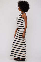 Black Cream Striped Sleeveless Knit Maxi Dress