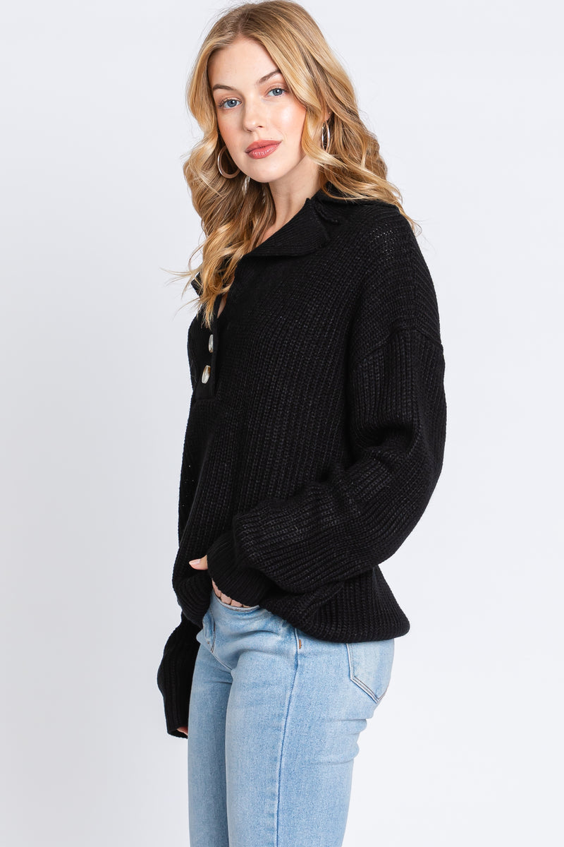 Black Chunky Knit Front Button Sweater – PinkBlush