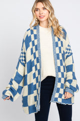 Blue Checkered Plaid Oversized Cardigan