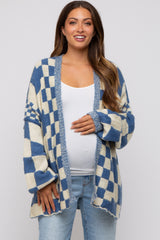 Blue Checkered Plaid Maternity Oversized Cardigan