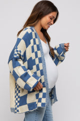 Blue Checkered Plaid Maternity Oversized Cardigan