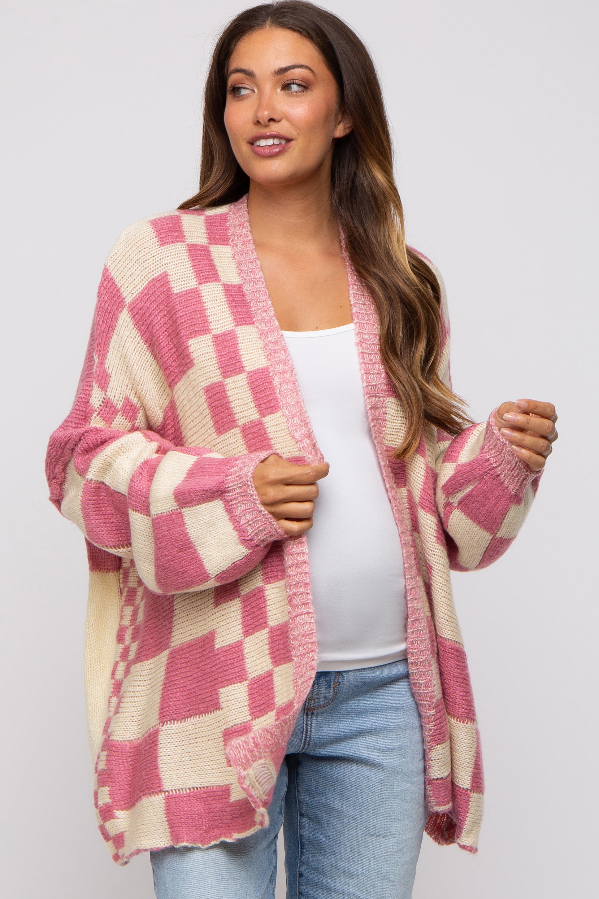 Pink Checkered Plaid Maternity Oversized Cardigan– PinkBlush