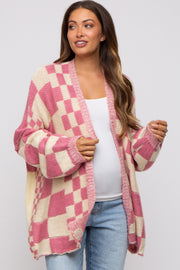 Pink Checkered Plaid Maternity Oversized Cardigan