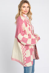 Pink Checkered Plaid Oversized Cardigan