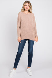 Taupe Ribbed Brushed Knit Dolman Sleeve Top