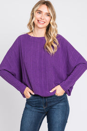 Purple Ribbed Brushed Knit Dolman Sleeve Top