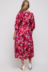 Magenta Floral Satin Ruffle Neck Maternity Midi Dress