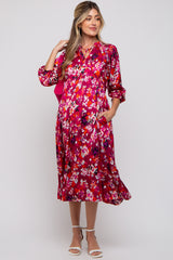 Magenta Floral Satin Ruffle Neck Maternity Midi Dress