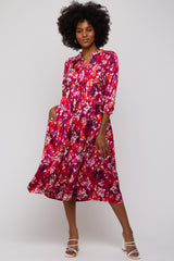 Magenta Floral Satin Ruffle Neck Midi Dress