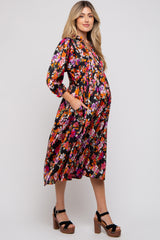 Black Floral Satin Ruffle Neck Maternity Midi Dress