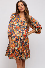 Navy Blue Floral Button Front Tiered Maternity Dress