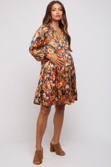 Navy Blue Floral Button Front Tiered Maternity Dress