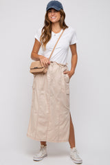 Beige Cargo Cinched Midi Skirt