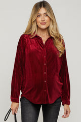 Burgundy Velvet Button Front Maternity Blouse