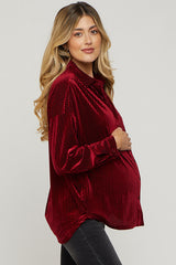 Burgundy Velvet Button Front Maternity Blouse