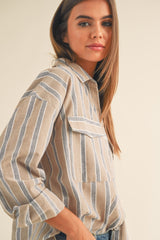 Taupe Striped Button Up Top