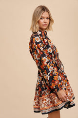 Black Border Print Floral Button Down Shirt Dress