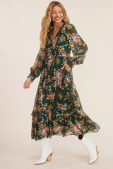 Green Tie Front Floral Print Tiered Maxi Dress