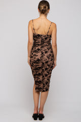 Taupe Mesh Velvet Floral Ruched Maternity Midi Dress