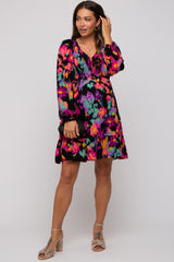 Black Multicolor Print Maternity Long Sleeve Maternity Dress