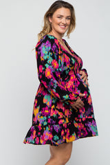 Black Multi-Color Printed Long Sleeve Plus Maternity Dress