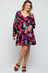 Black Multi-Color Printed Long Sleeve Plus Maternity Dress