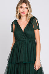 Forest Green Sleeveless Tiered Tie Strap Tulle Midi Dress