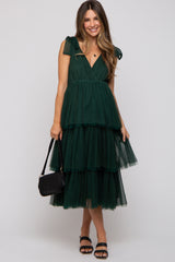 Forest Green Sleeveless Tiered Tie Strap Tulle Maternity Midi Dress