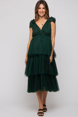 Forest Green Sleeveless Tiered Tie Strap Tulle Maternity Midi Dress