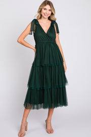 Forest Green Sleeveless Tiered Tie Strap Tulle Midi Dress