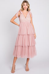 Pink Sleeveless Tiered Tie Strap Tulle Midi Dress