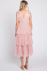 Pink Sleeveless Tiered Tie Strap Tulle Midi Dress