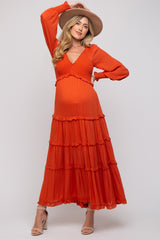 Rust Smocked Ruffle Tiered Maternity Maxi Dress