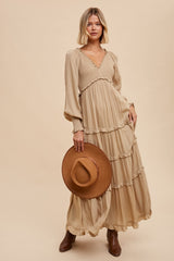 Taupe Smocked Ruffle Tiered Maternity Maxi Dress