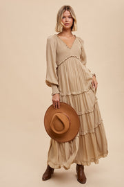 Taupe Smocked Ruffle Tiered Maxi Dress