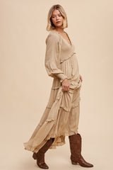 Taupe Smocked Ruffle Tiered Maxi Dress