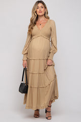 Taupe Smocked Ruffle Tiered Maternity Maxi Dress