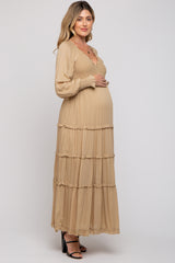 Taupe Smocked Ruffle Tiered Maternity Maxi Dress