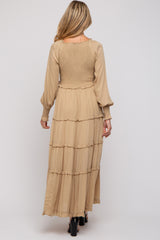 Taupe Smocked Ruffle Tiered Maternity Maxi Dress