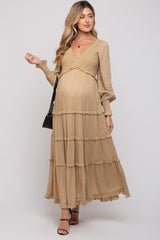 Taupe Smocked Ruffle Tiered Maternity Maxi Dress