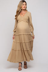 Taupe Smocked Ruffle Tiered Maternity Maxi Dress