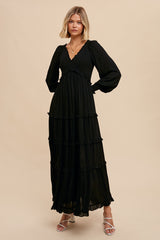 Black Smocked Ruffle Tiered Maxi Dress